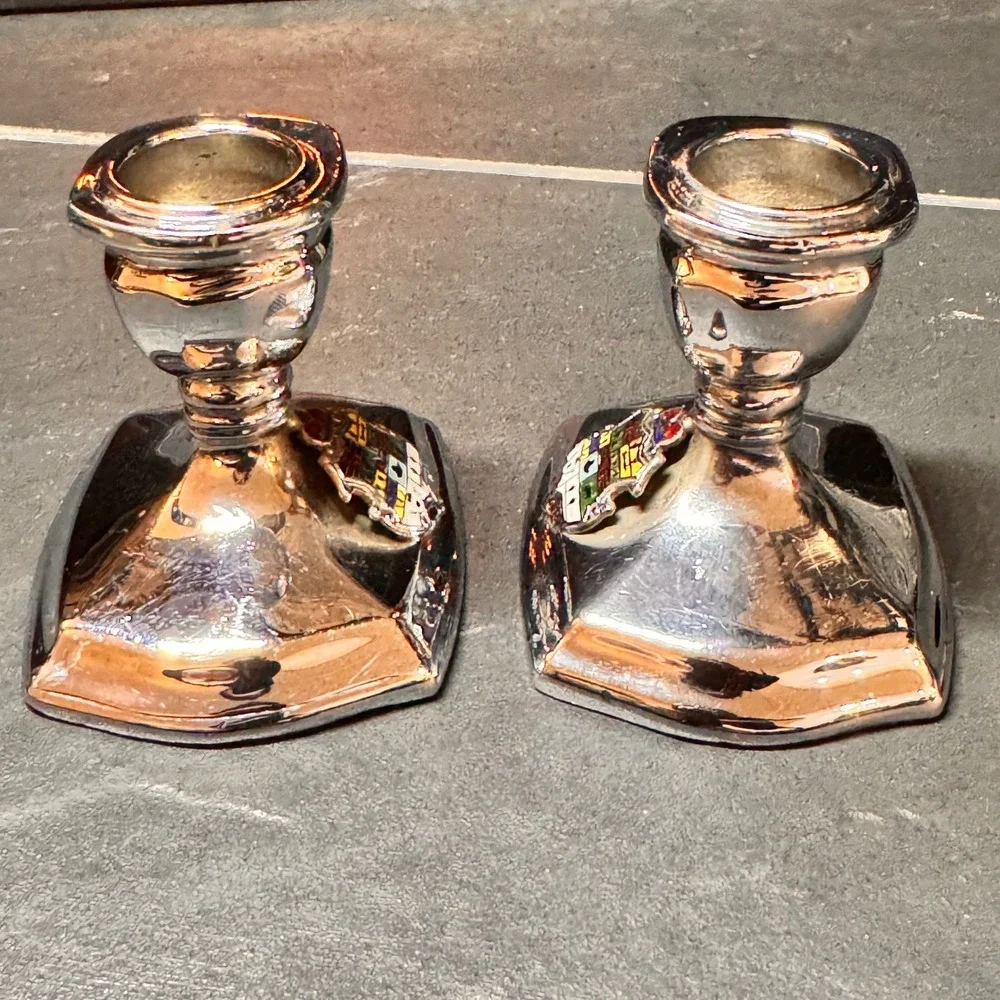 Vintage BP 2426 Silver Plated Crest Candlesticks Pair w/ Canadian Coat of‎ Arms